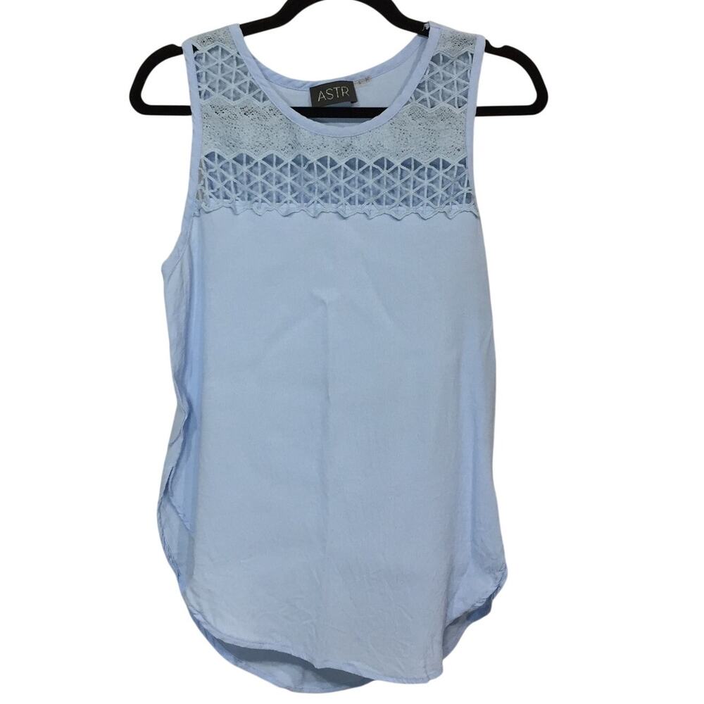 ASTR Silk Blend Crotchet Panel Tank Top Large Blue Semi Sheer Airy Lux Fabric